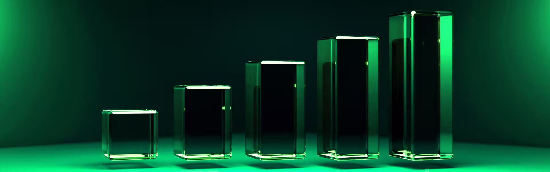 Abstract 3D illustration of five transparent glass blocks arranged in ascending height from left to right, forming a visual growth chart.
