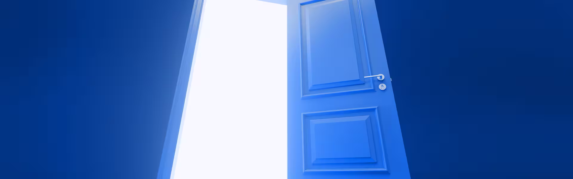 Minimalist blue illustration of a partially open door revealing bright white light. The composition uses monochromatic gradients and soft shadows to symbolize opportunity, accessibility, discovery, or entry into a new experience.