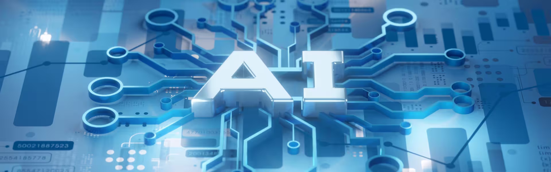 Concept illustration of artificial intelligence showing large metallic "AI" letters connected by glowing blue circuit pathways across a digital motherboard, symbolizing machine learning, automation, and intelligent computing systems.