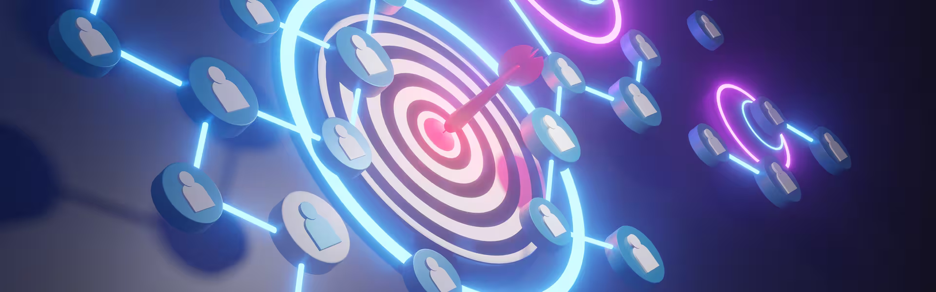 Abstract 3D illustration of connected user icons surrounding a glowing target with an arrow hitting the center. The visualization represents audience targeting, customer segmentation, and precision product positioning.