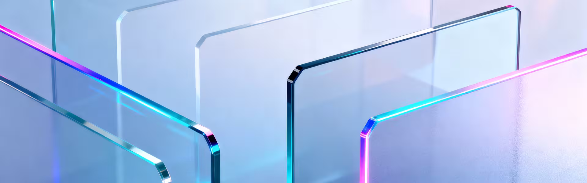 Abstract composition of translucent glass panels arranged in layered geometric formations, illuminated by neon cyan, blue, and magenta light reflections.