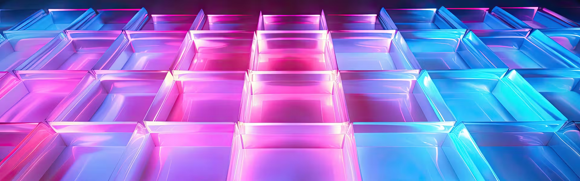 Abstract 3D composition of translucent glass-like blocks illuminated with vibrant pink and blue gradients. The geometric background symbolizes digital interfaces, modern technology, and AI-driven product design.