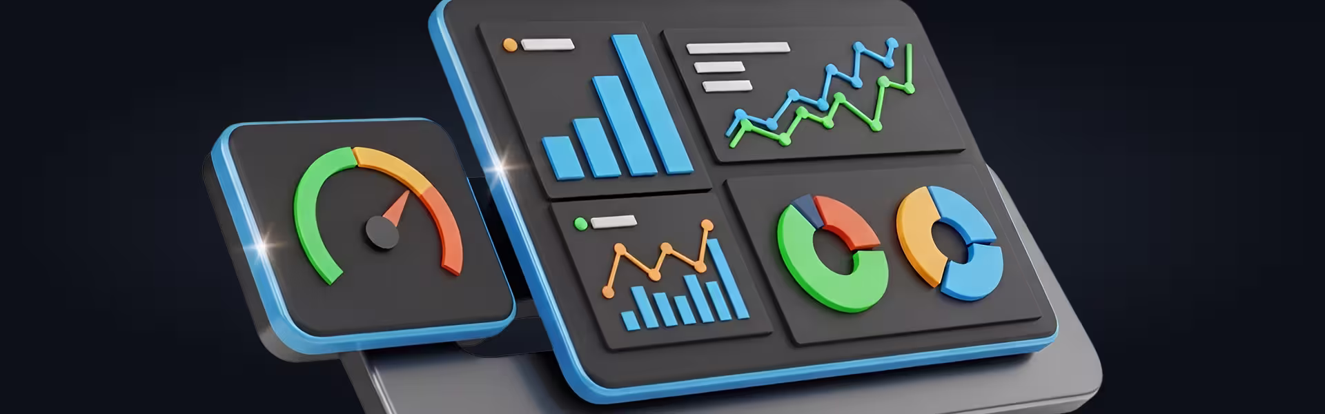 3D illustration of an analytics dashboard featuring performance gauges, bar charts, line graphs, and donut charts, representing business intelligence, KPI monitoring, and data visualization.