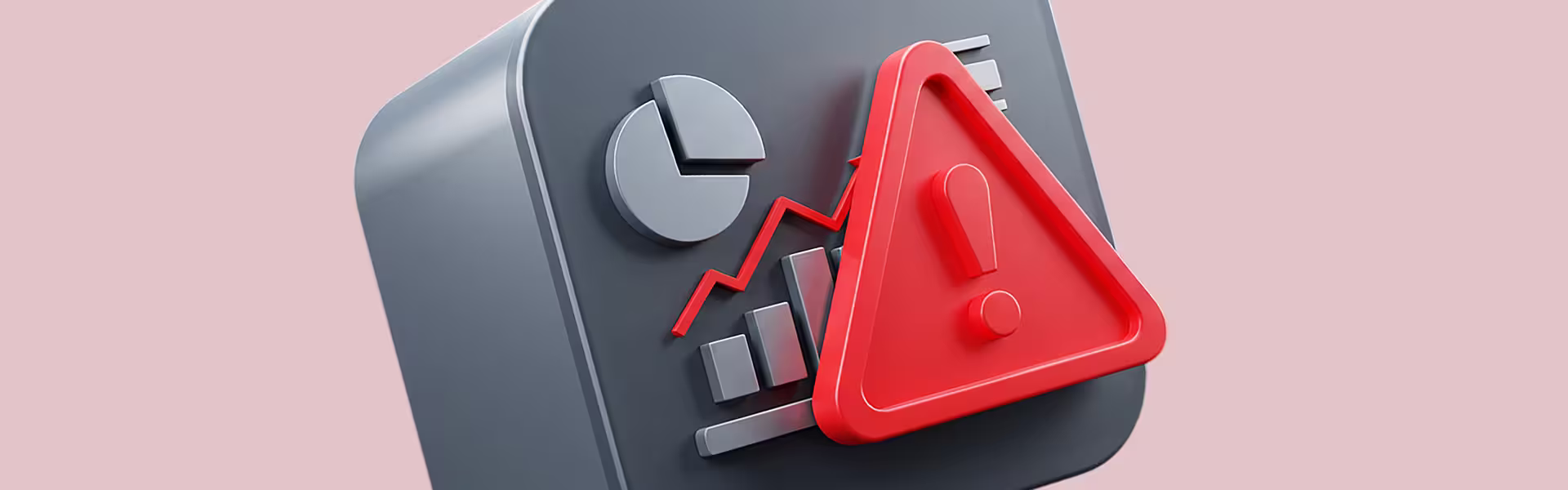 3D illustration of a business analytics dashboard with charts and performance metrics partially obscured by a large red warning symbol.