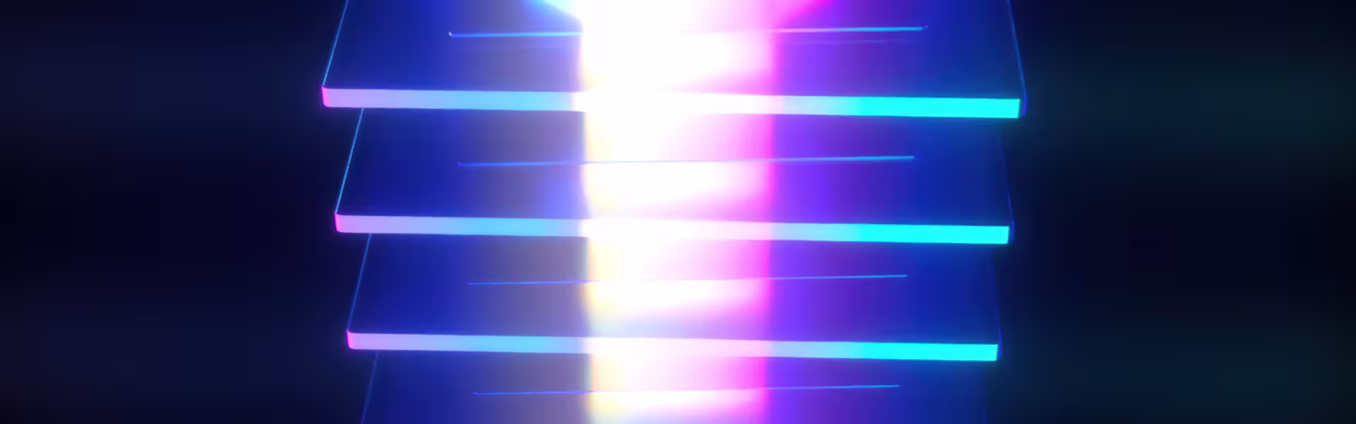 Abstract 3D illustration of stacked glowing layers illuminated with blue, purple, and white light. The visual represents AI infrastructure, data processing, and modern digital systems.