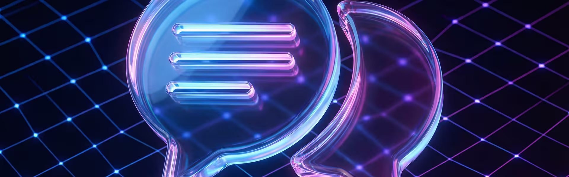 Abstract 3D illustration of glowing speech bubbles on a futuristic network grid, symbolizing conversational AI, digital communication, and intelligent user interactions.