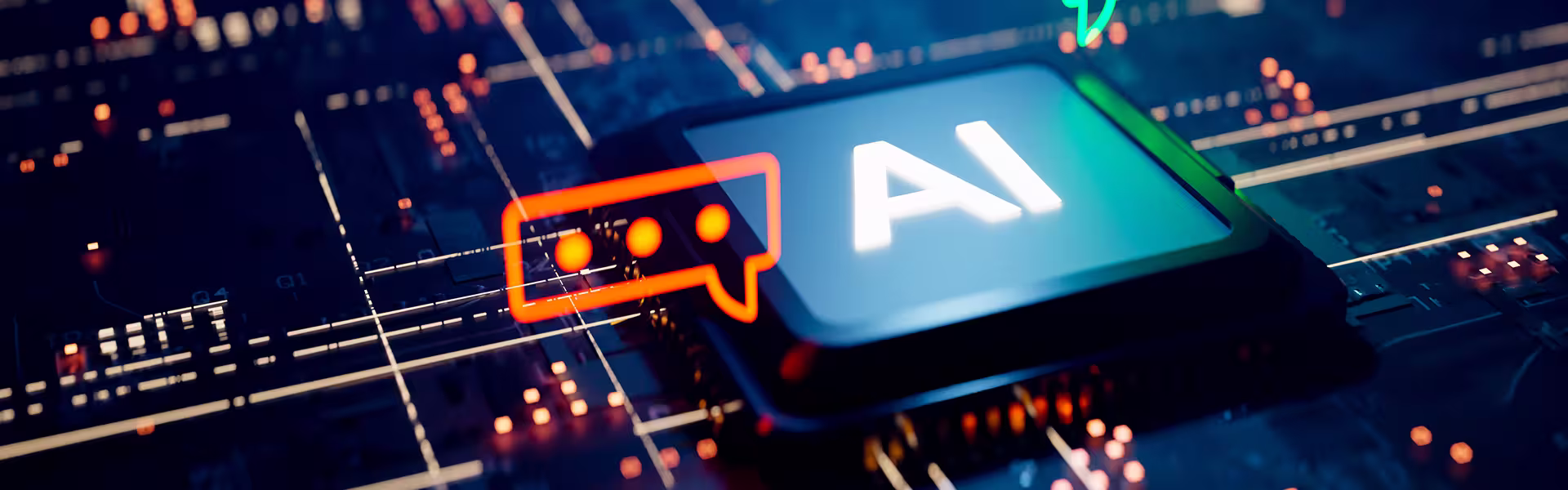 Abstract illustration of an AI processor with a glowing conversation icon, representing conversational AI, intelligent assistants, and human–AI communication technologies.
