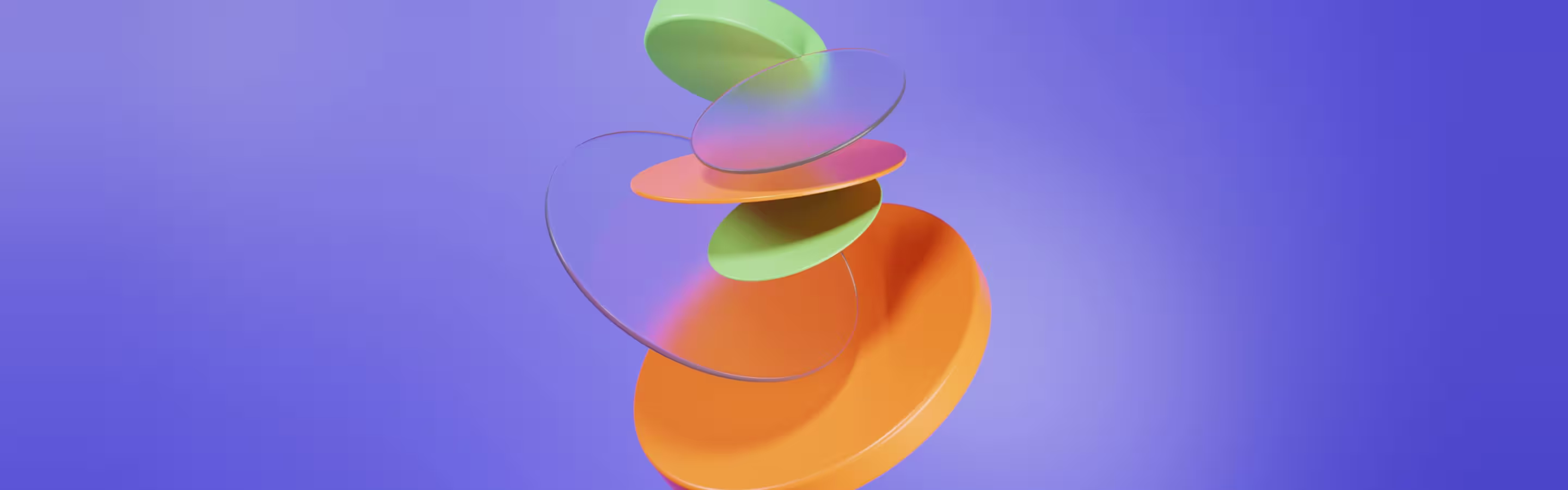 Colorful 3D geometric shapes, including green, pink, and orange discs, stacked and layered against a soft purple background.