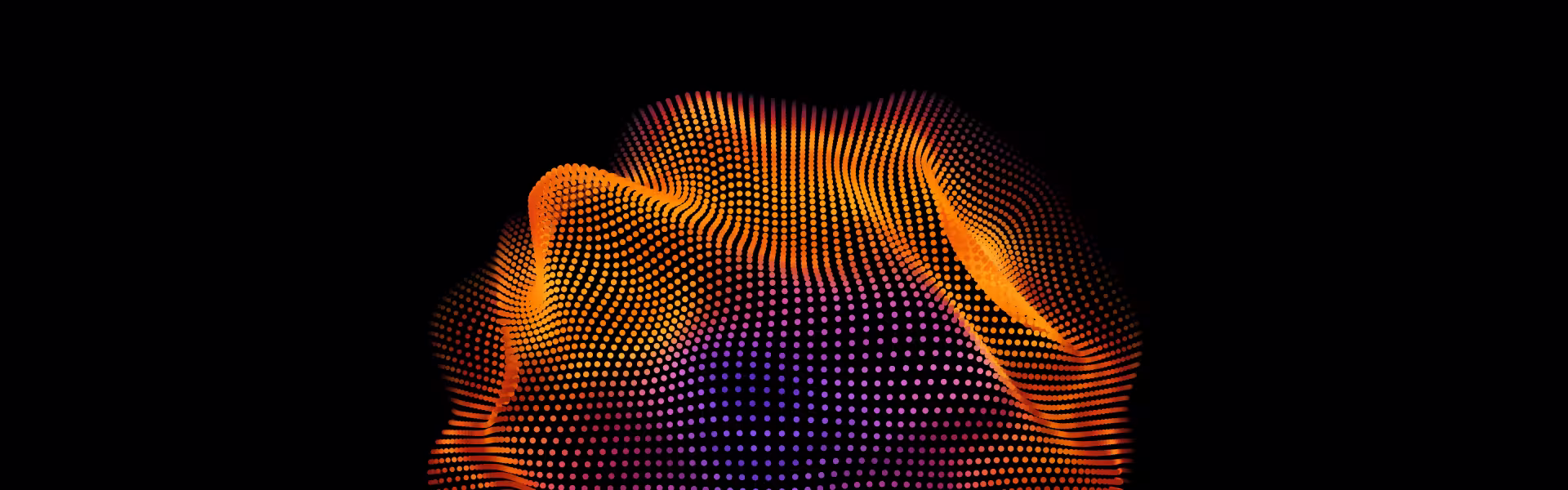 Abstract 3D wave made of glowing orange, pink, and purple dots forming a fluid, dynamic surface on a black background