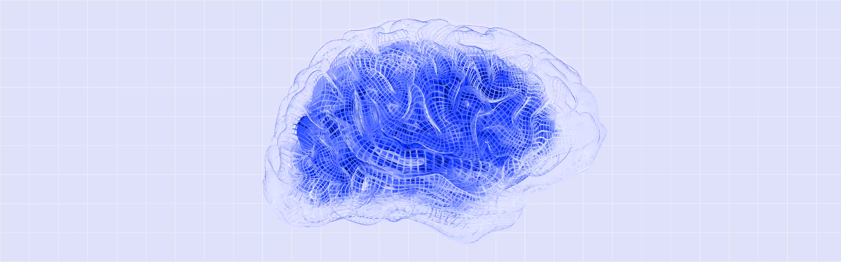 A blue, wireframe-like 3D representation of a brain set against a grid background, illustrating complex neural structures.