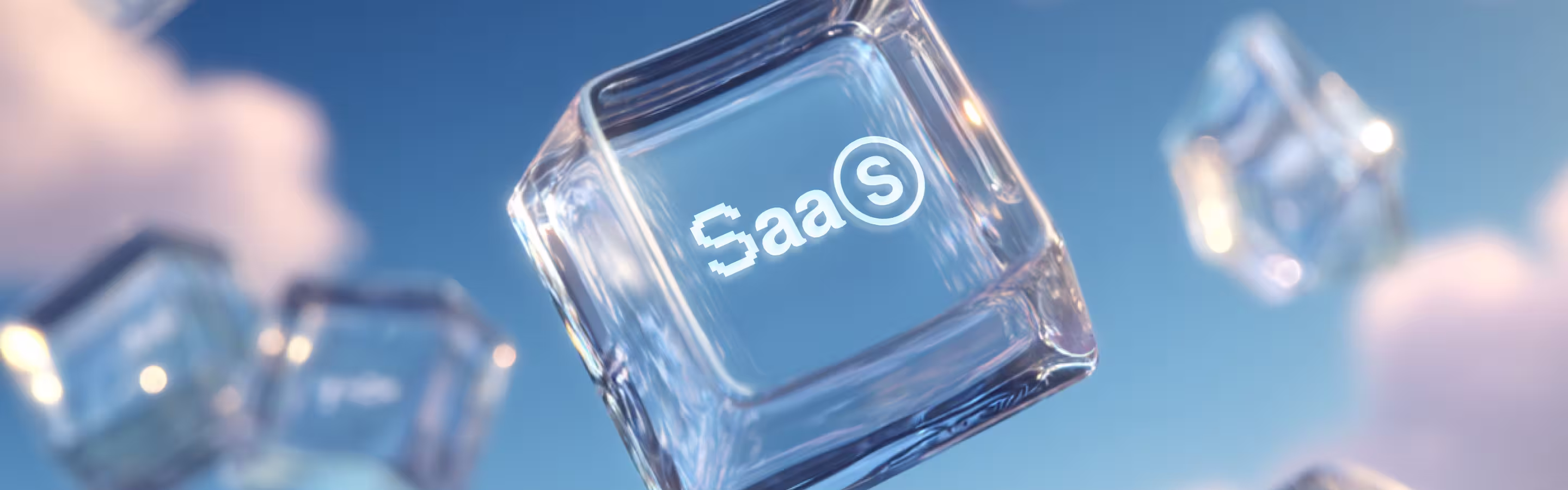 Transparent glass cubes float in the air against a blue sky, with one cube in focus displaying the text "SaaS" in white letters.