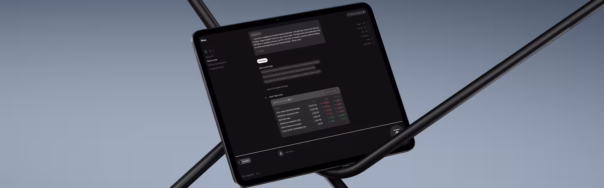 AI research dashboard interface on tablet — dark mode financial data visualization designed by Lazarev.agency for Rhea by Accern, showcasing conversational AI and real-time market insights