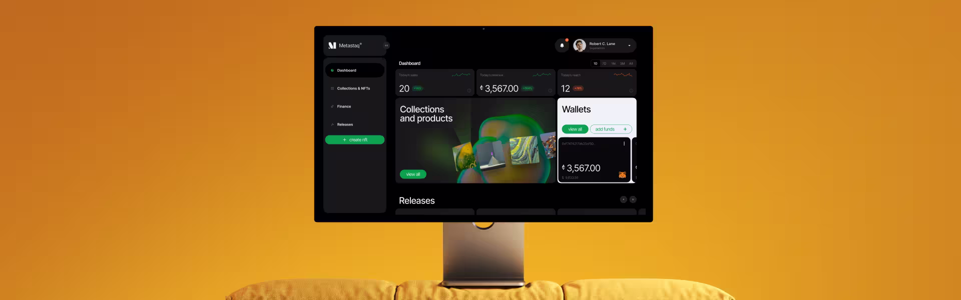 Modern NFT dashboard interface on desktop screen with dark UI and green highlights — Metastaq platform design showcasing digital asset management by Lazarev.agency