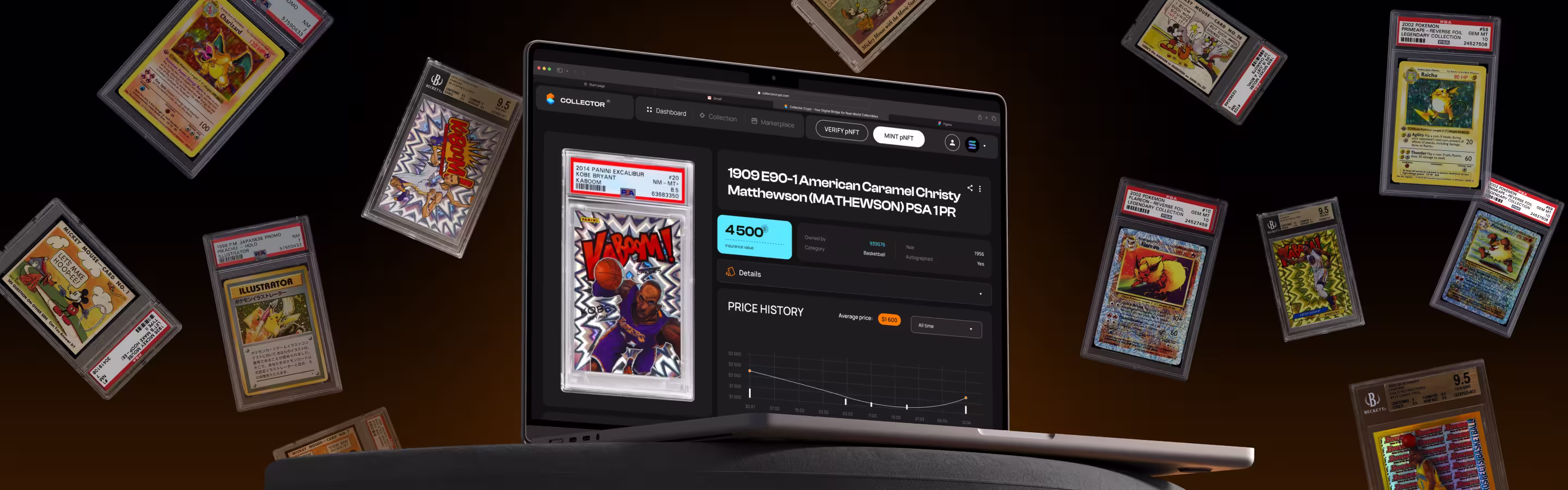 A laptop screen displays a collection of trading cards and their values, surrounded by several graded card displays.