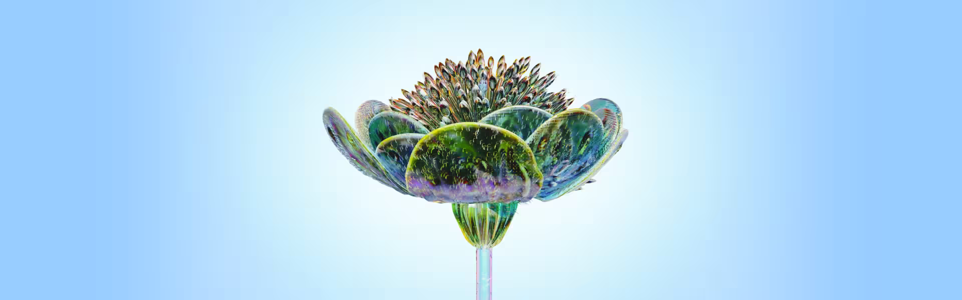 Highly detailed 3D-rendered iridescent flower with translucent petals and a glowing stem against a soft blue background