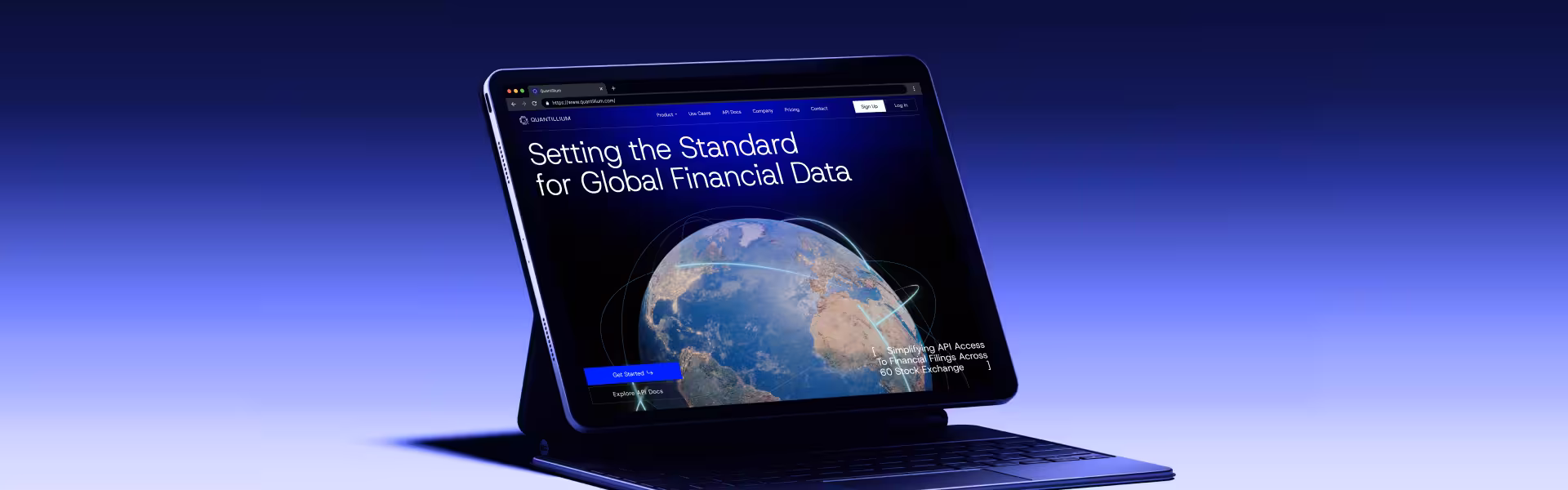 Tablet view of a global financial data platform website with API access and worldwide market coverage, designed for scalable fintech products