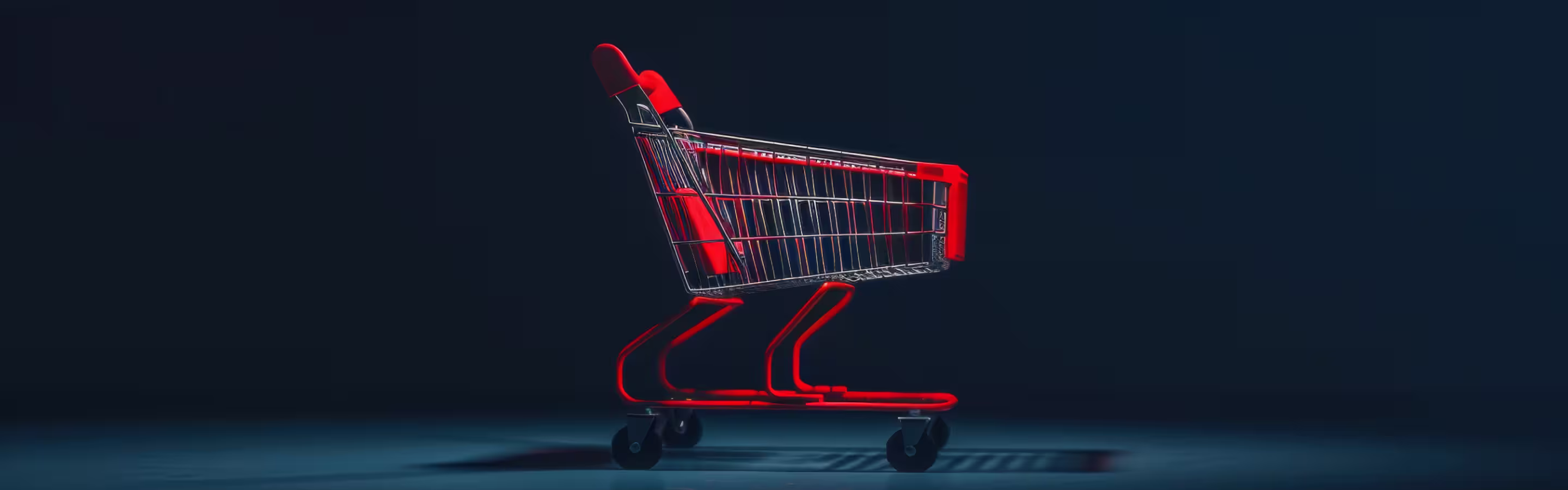 A shiny metal shopping cart with red accents, positioned on a dark background, casting soft shadows with a dramatic lighting effect.