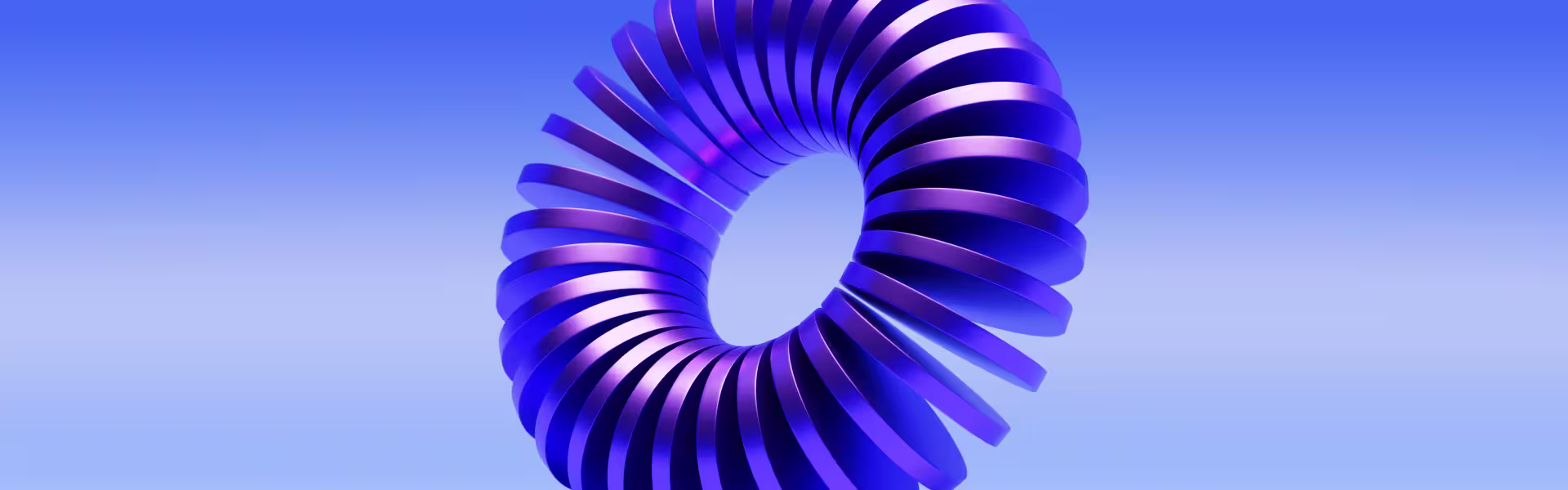 3D abstract purple torus made of rotating metallic slices against a smooth blue gradient background