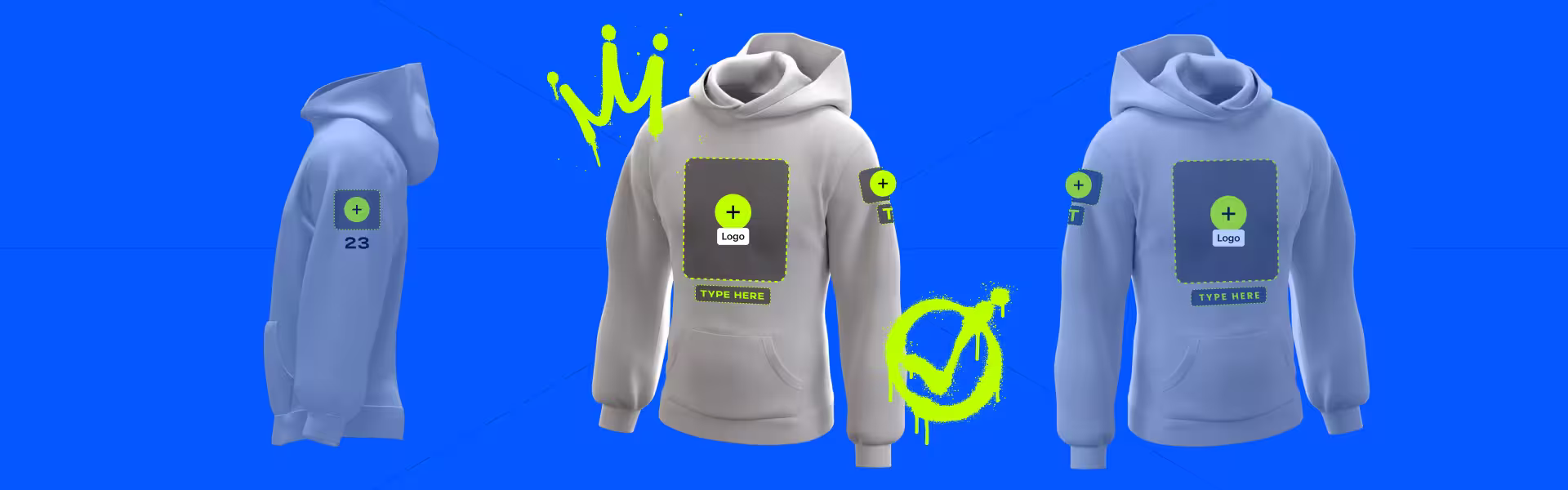 Custom hoodie mockup with editable logo, text, and design areas on front and sleeves, shown in 3D preview on a blue background