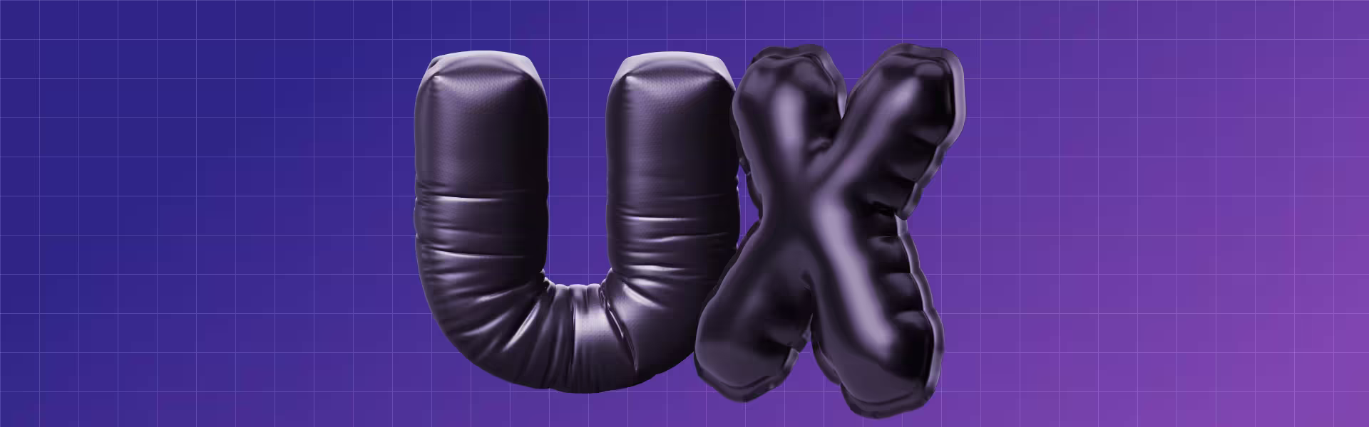 3D inflatable-style black letters spelling UX on a purple gradient grid background, symbolizing user experience design