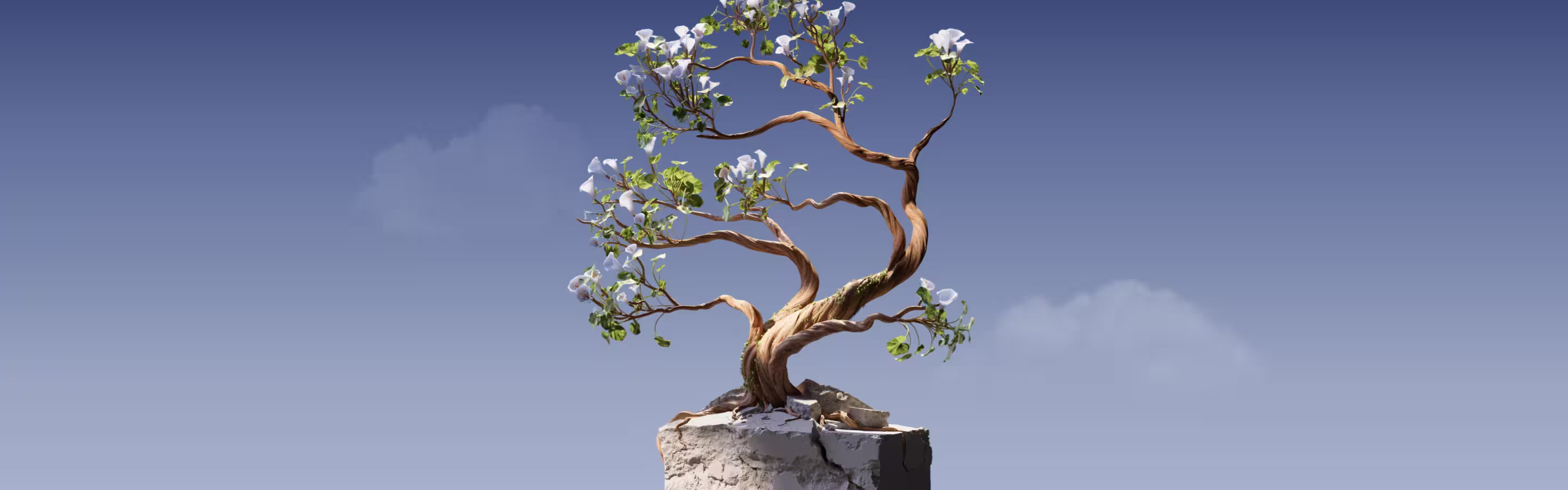 Stylized 3D bonsai tree with delicate white flowers growing from cracked stone, set against a clear blue sky — symbolizing resilience and creative growth