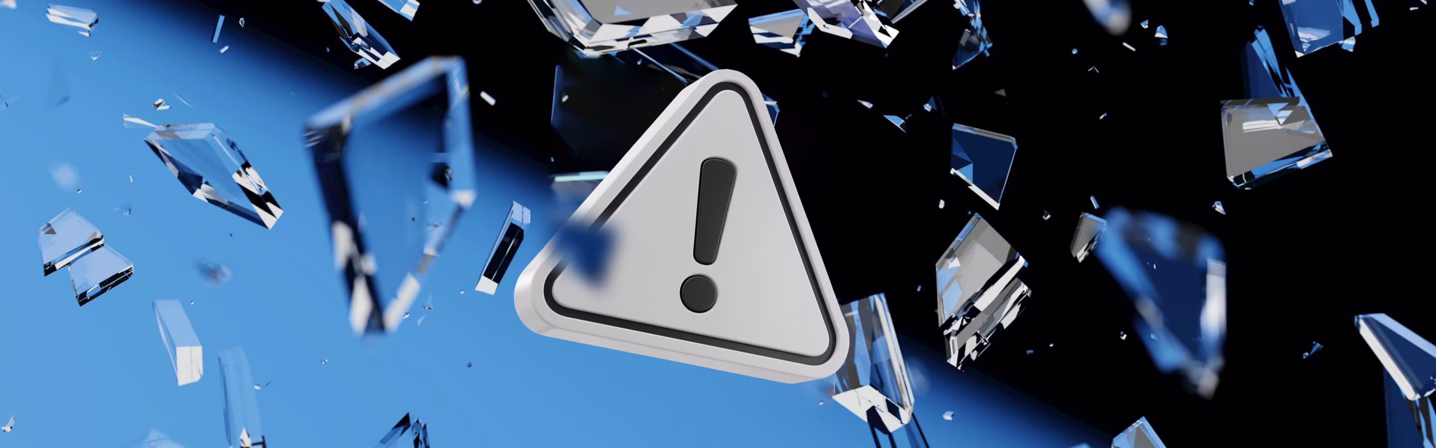 A large warning triangle with an exclamation mark, surrounded by shattered glass fragments against a dark blue background.