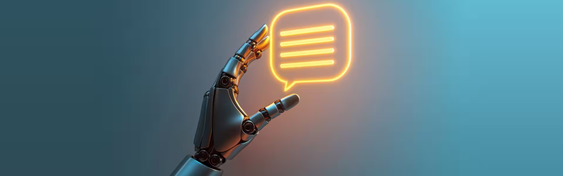 Futuristic robotic hand holding glowing chat bubble icon symbolizing AI communication and natural language processing.