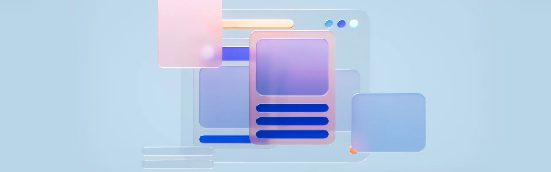 A 3D illustration of abstract UI elements floating against a soft blue background. The components, including cards, buttons, and text blocks, are rendered in translucent pastel tones with gradients of purple, pink, and blue.