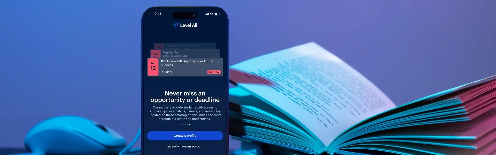 A smartphone screen displays an educational app called "Level All".