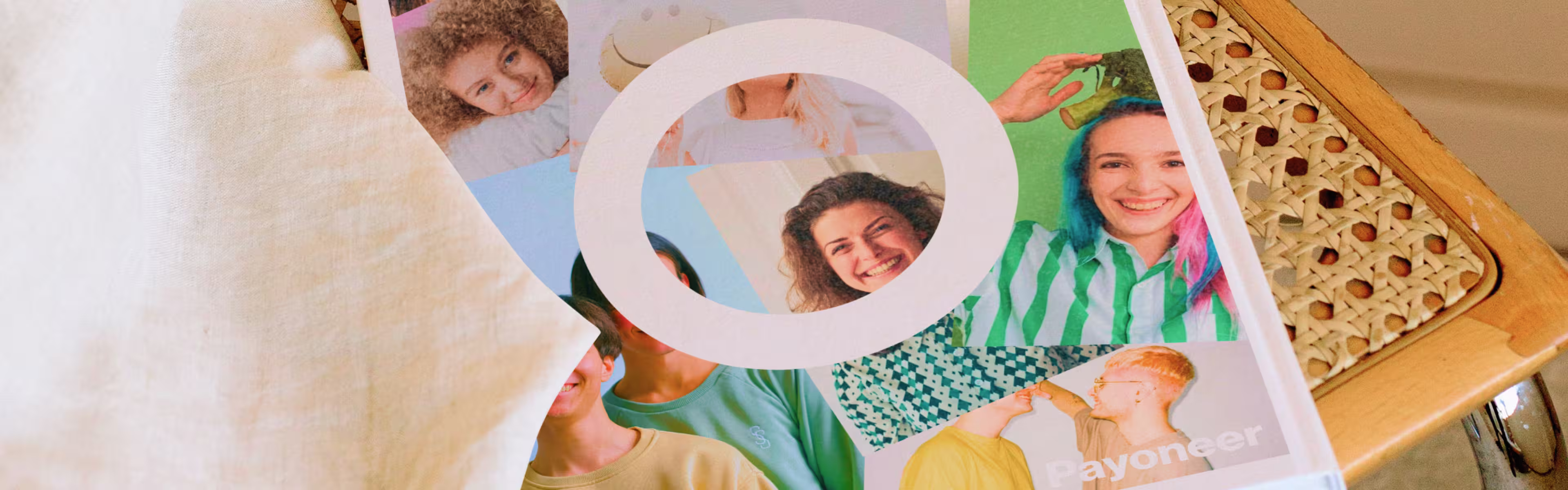 Collage of diverse smiling people in colorful outfits with a large white circle graphic overlay