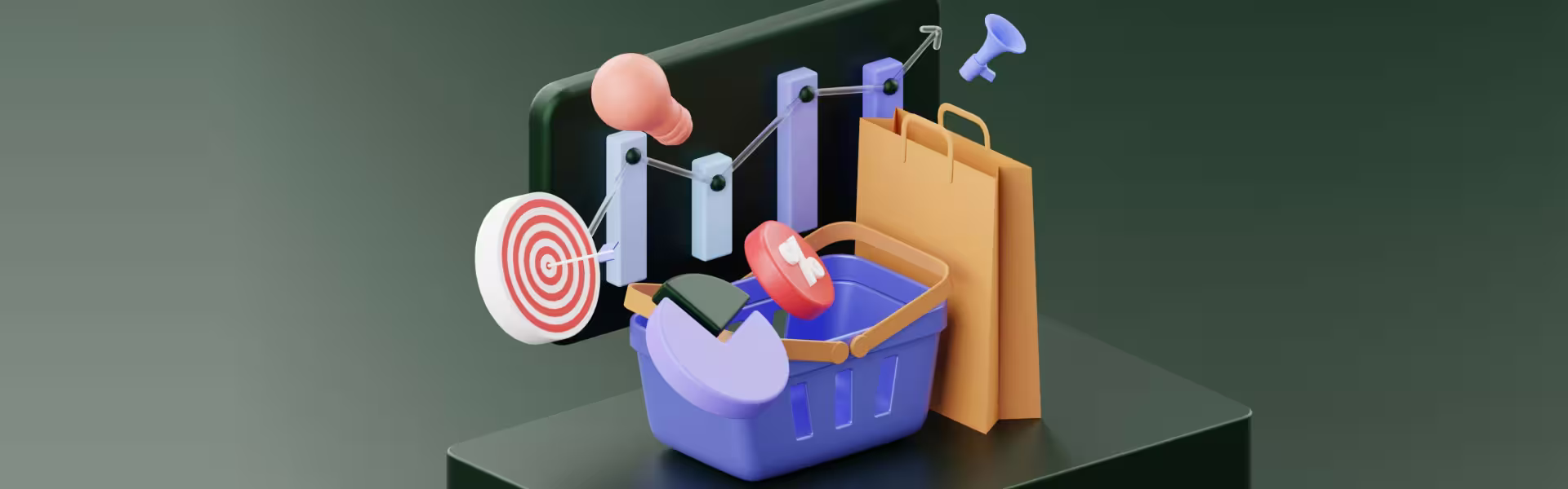 3D illustration of e-commerce marketing with shopping cart, target, growth chart, and shopping bags symbolizing online sales strategy