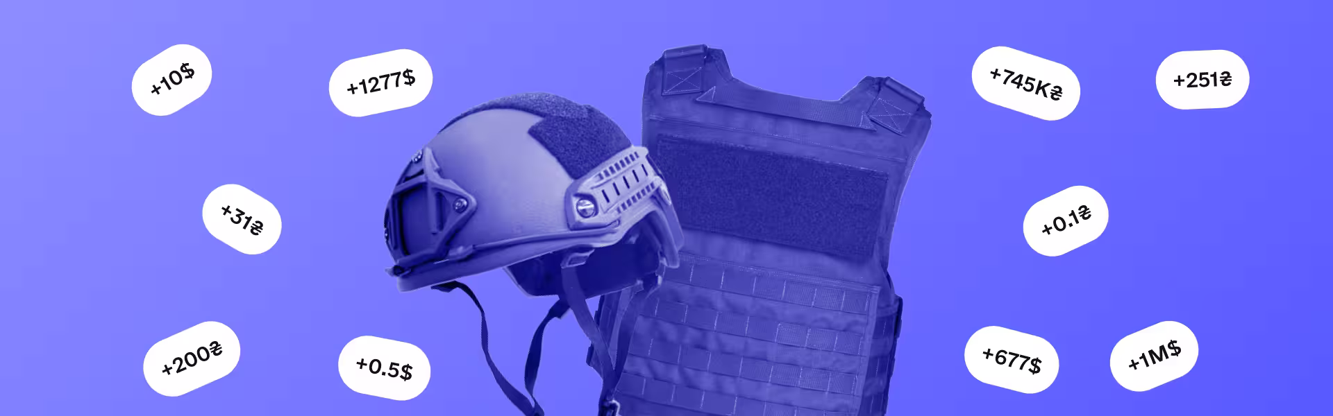 Military helmet and bulletproof vest on purple background with donation amounts in dollars and hryvnias, symbolizing fundraising for protective gear