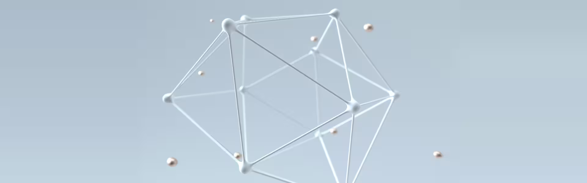 3D abstract geometric structure made of thin white interconnected lines and nodes, resembling a wireframe polyhedron, with small metallic spheres floating around on a light gradient background.
