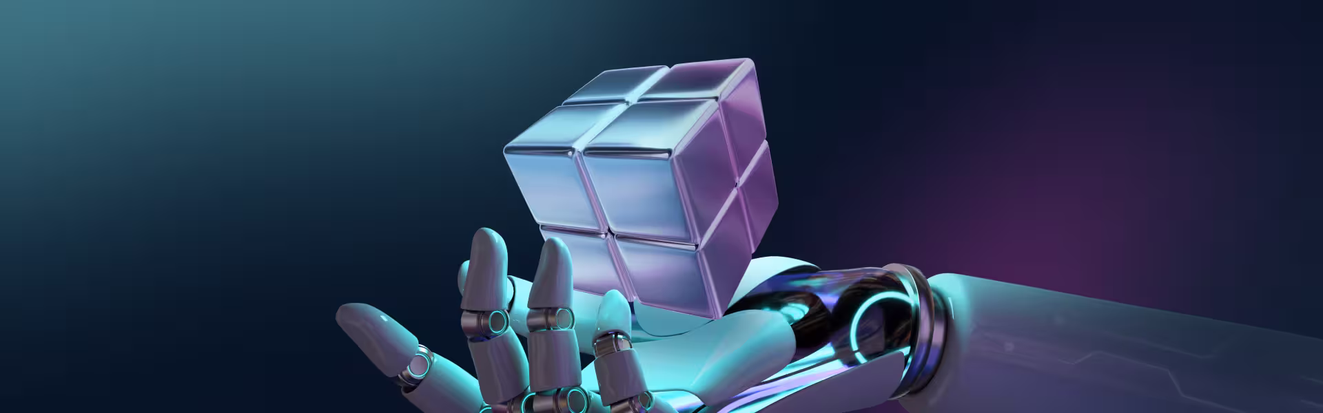 3D illustration of a robotic hand balancing a glowing geometric cube. The visual represents artificial intelligence, structured problem solving, and the relationship between human oversight and machine capabilities.