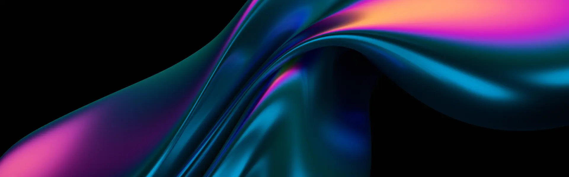 Abstract 3D fluid shape with glossy, metallic texture in vibrant blue, pink, and orange tones on a black background.