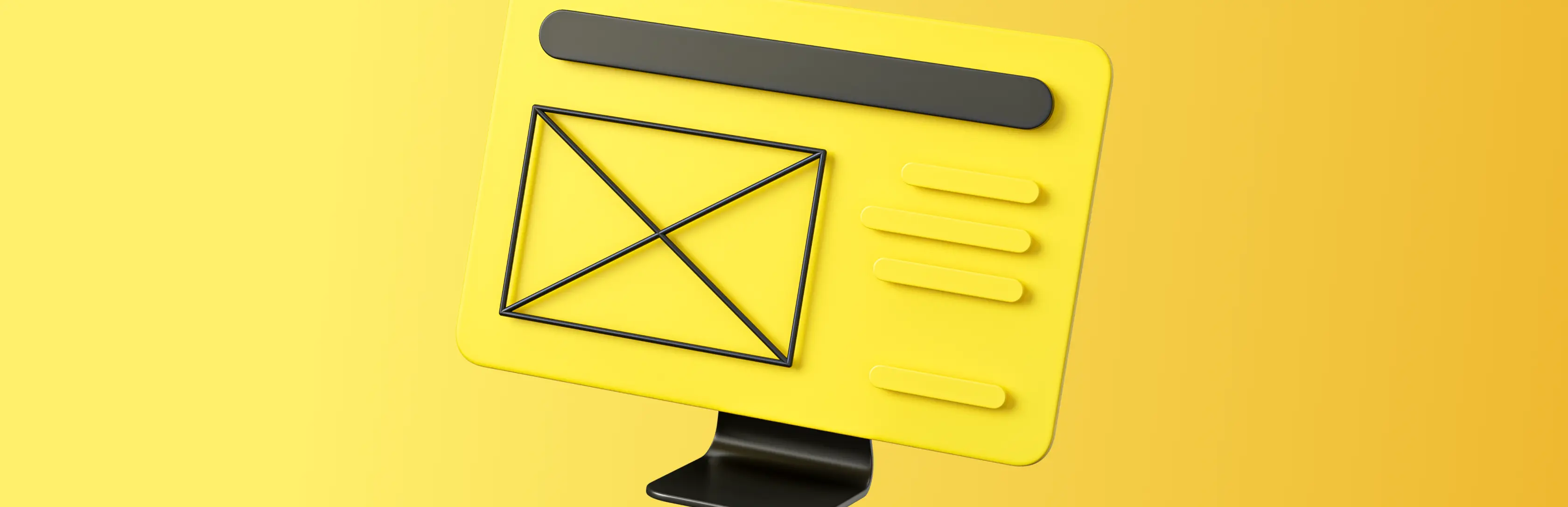 A low fidelity wireframe of a website is presented on a yellow background.
