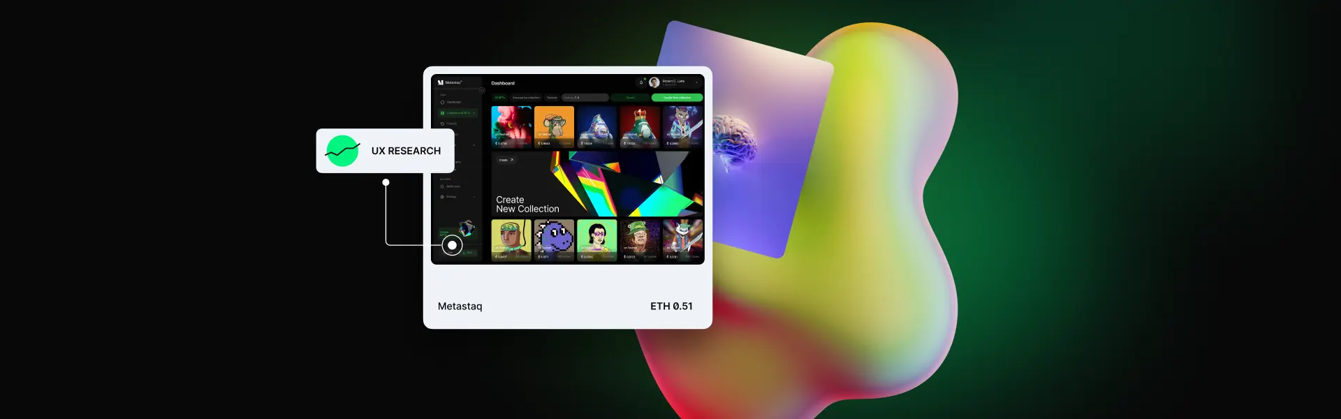 An abstract design element with an NFT card created by Lazarev. design agency