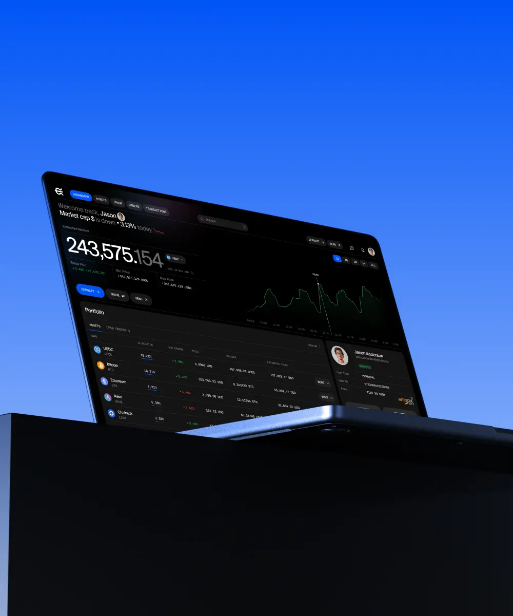 Laptop on a blue background showing a dark crypto/finance dashboard with a large balance, line chart and asset list.