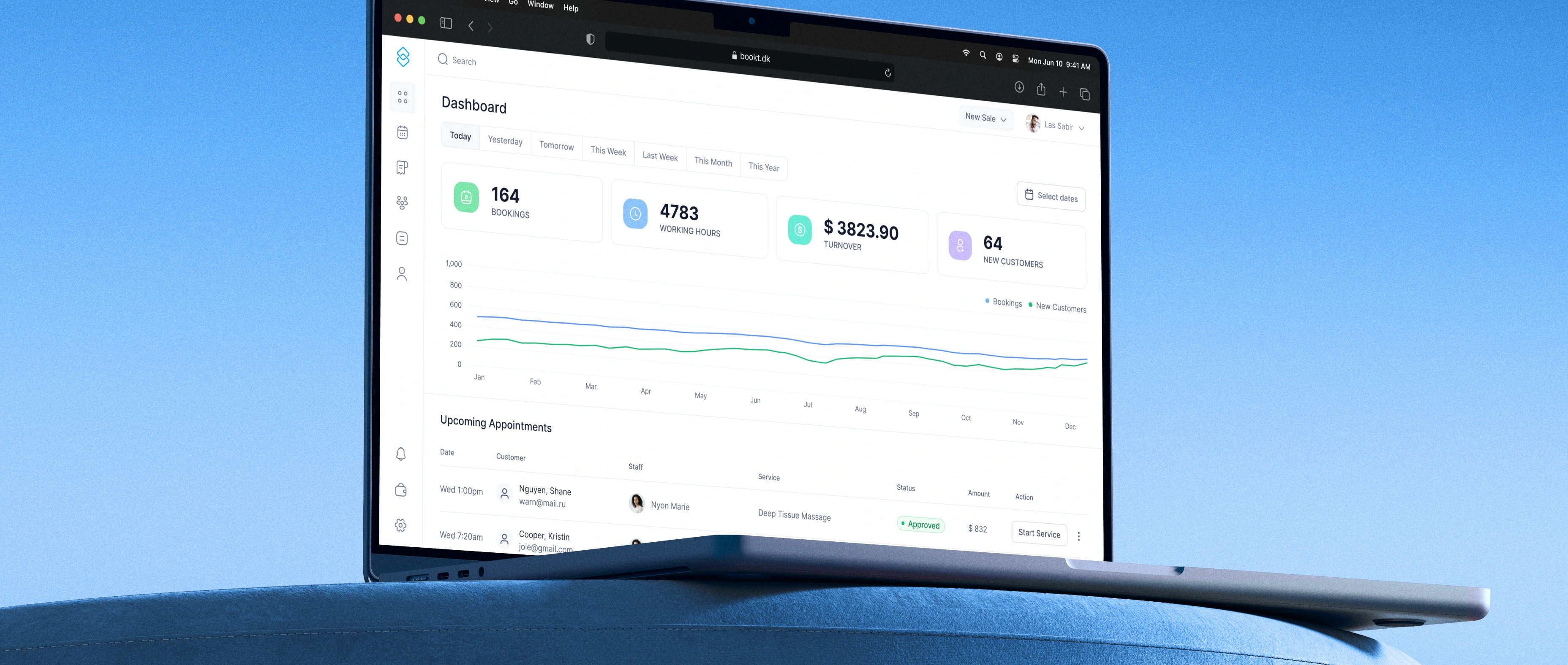 Laptop mockup showing a clean Bookt dashboard with booking, working hours, turnover, customer metrics, a performance chart, and upcoming appointments against a blue background.