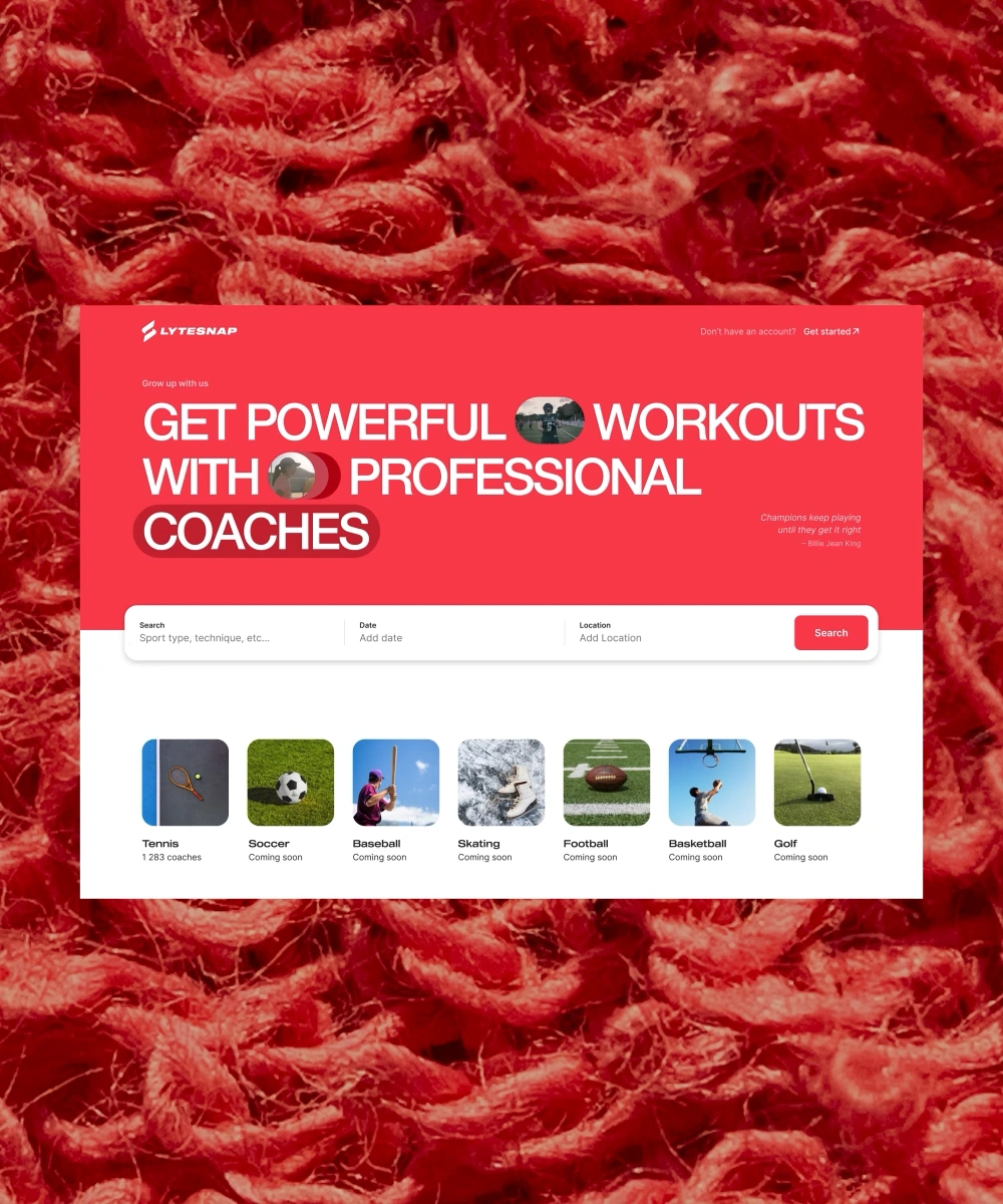 Lytesnap sports coaching platform homepage with a bold red hero section, workout search filters, and category cards for tennis, soccer, baseball, skating, football, basketball, and golf.