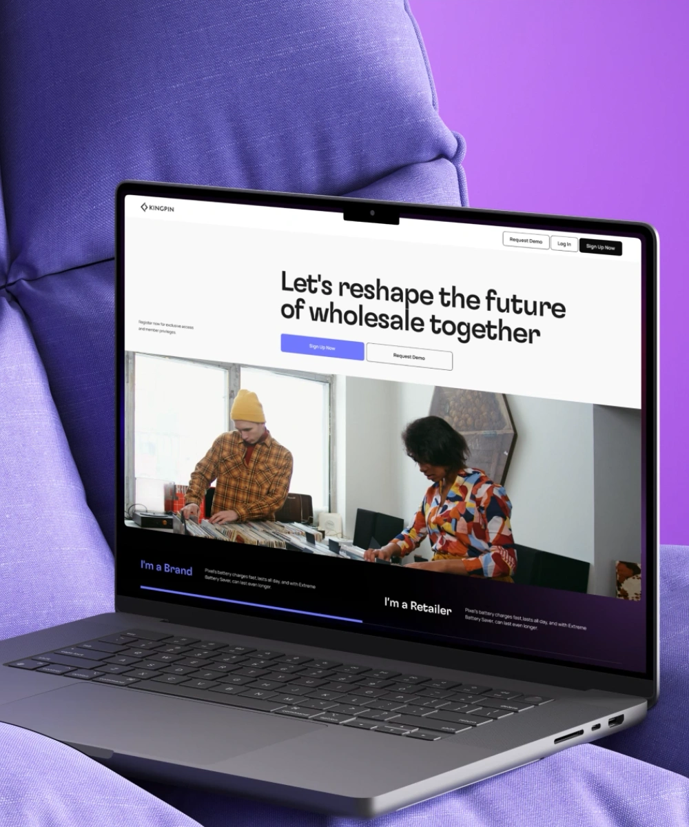 Kingpin wholesale marketplace homepage with the headline "Let's reshape the future of wholesale together" and separate "I'm a Brand" and "I'm a Retailer" sign-up paths.