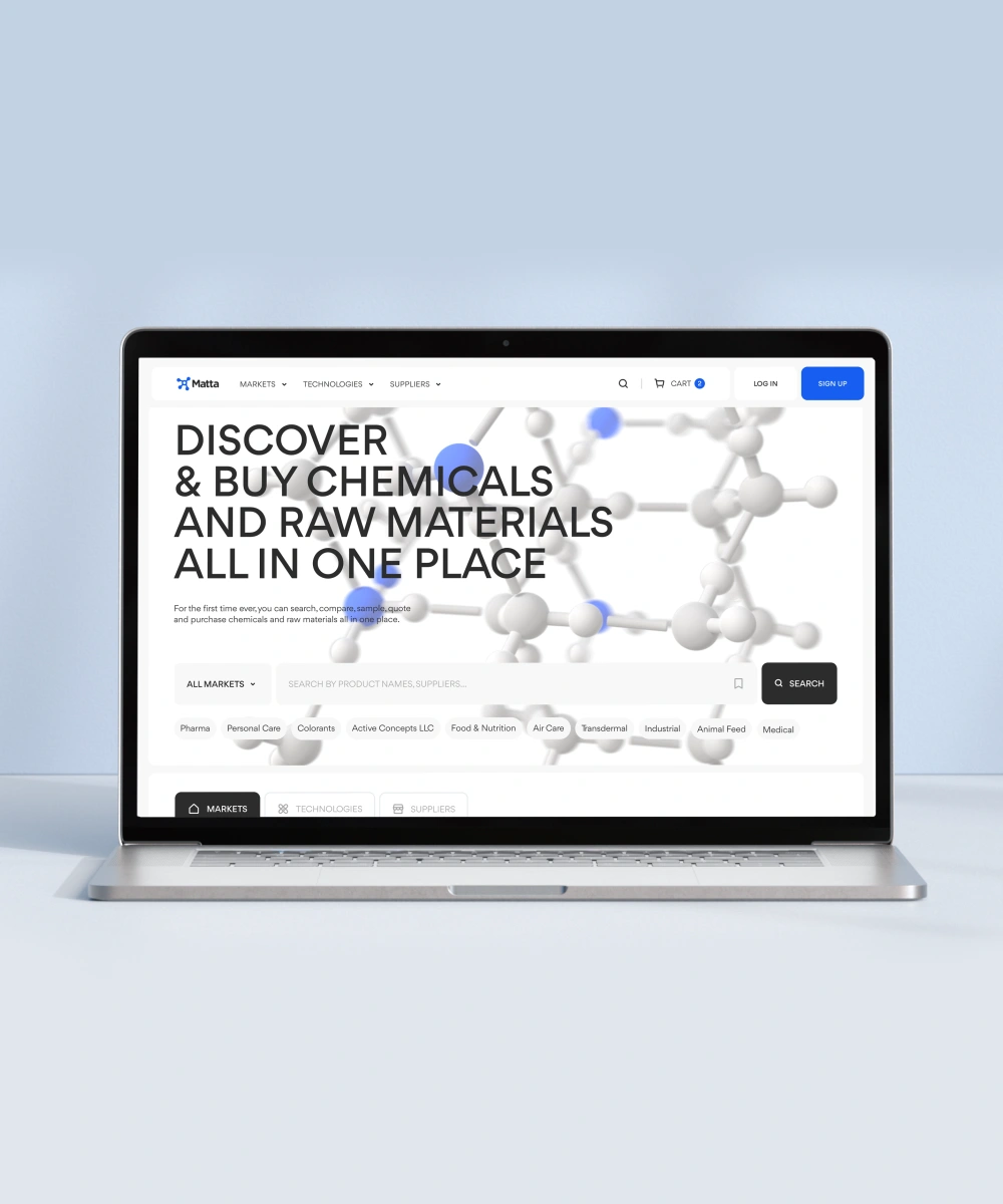 Matta marketplace homepage displayed on a laptop, featuring chemical discovery search, supplier navigation, and molecular-inspired visuals for industrial raw material sourcing.
