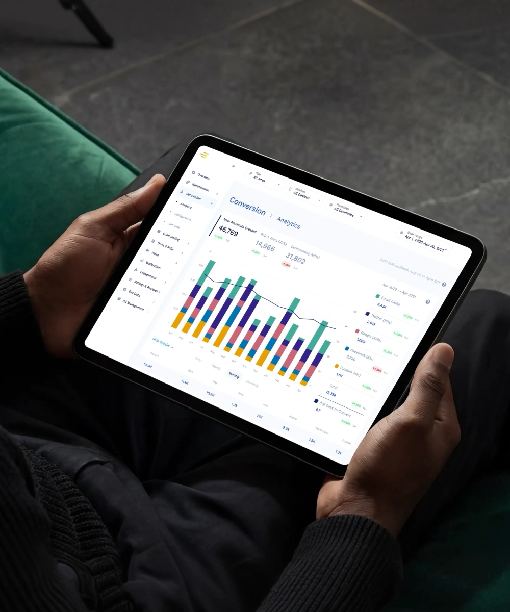 A person on a green sofa holds a tablet showing Insticator's Publisher Portal Conversion Analytics, with a stacked bar chart of new accounts by month and a source breakdown by channel.