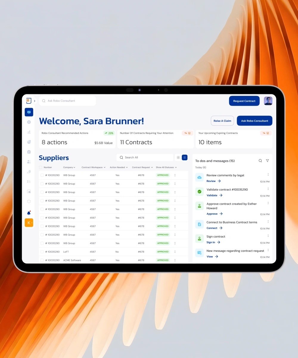 Kontrak IQ home dashboard showing a personalized welcome, summary cards for recommended actions, contracts needing attention, and expiring contracts, a suppliers table.