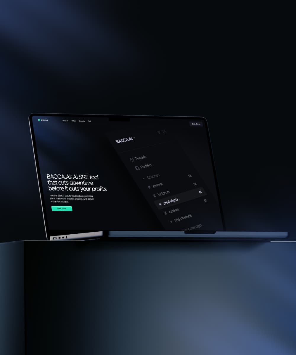 Laptop in dark lighting showing the Bacca.ai homepage for an AI SRE tool, with a chat-style interface panel.