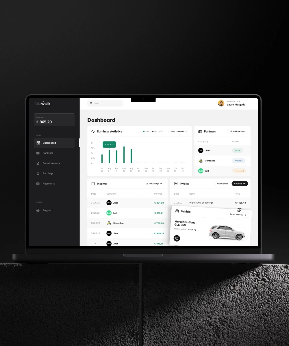 Bluwalk driver dashboard on a laptop, showing combined earnings, connected partners, income, invoices and the active rental.