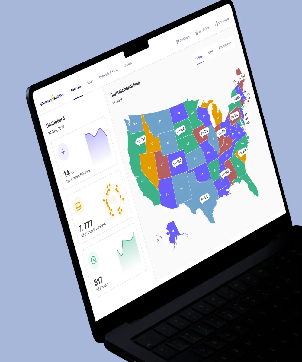 eDiscovery Assistant: Laptop on a lavender background showing a dashboard with a color-coded US map and stat cards.