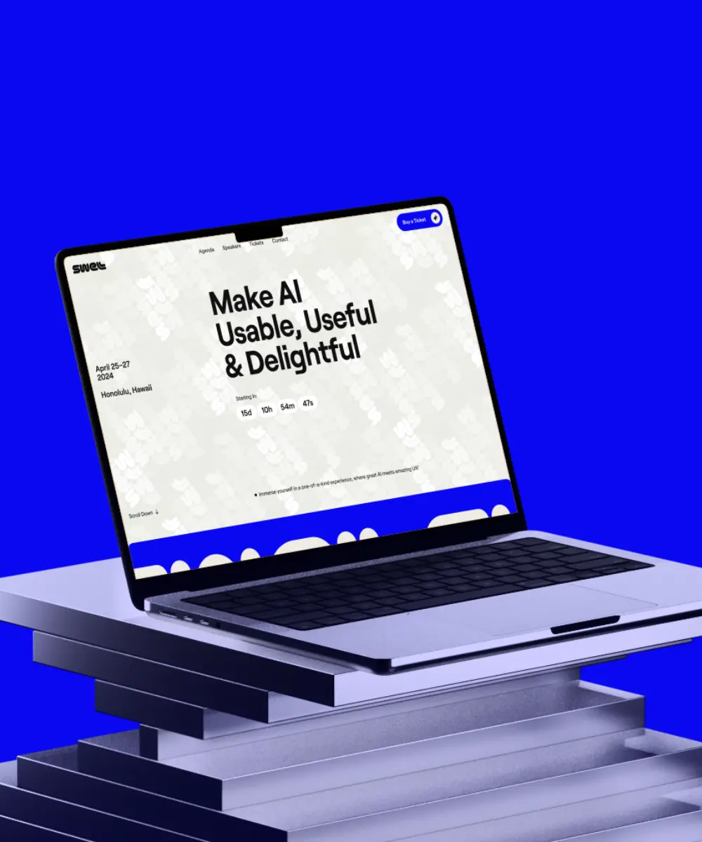 Laptop displaying the Swell AI conference website with bold event branding, conference details, and messaging focused on making AI usable, useful, and delightful.