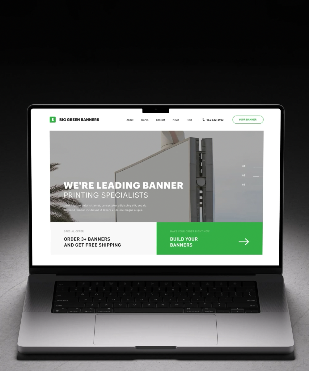 Big Green Banners homepage on a laptop with a Build Your Banners call to action.