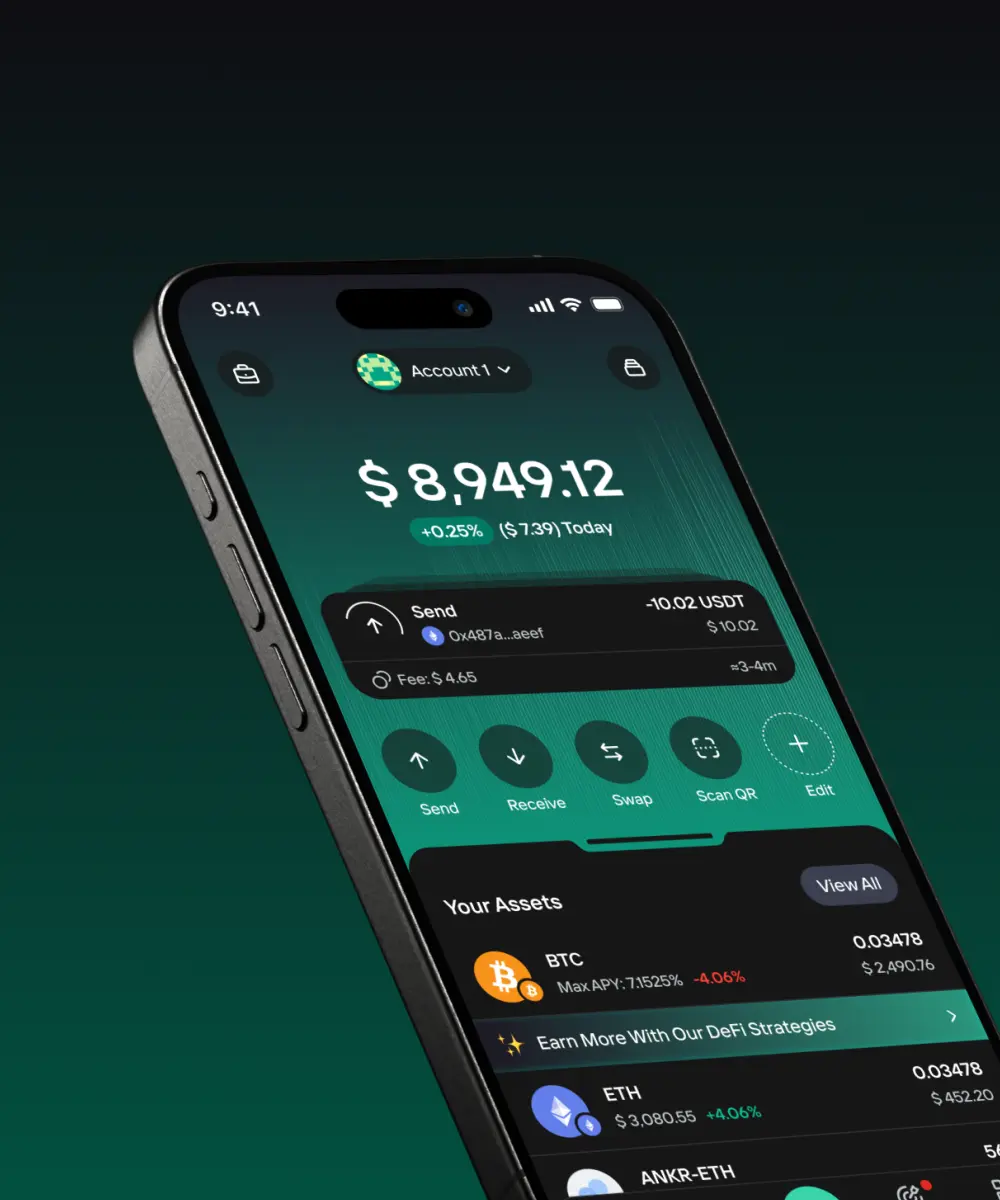 Smartphone on a dark green background showing a finance app with a $8,949.12 balance and action buttons.